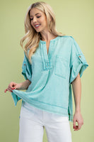 GiGio Solid Color Linen Blend Top in Mint