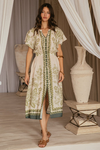 Skies are Blue Mixed Print Button Front Midi Dress in Cream-Olive XS Skies are Blue Mixed Print Button Front Midi Dress in Cream-Olive XS