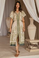 Skies are Blue Mixed Print Button Front Midi Dress in Cream-Olive