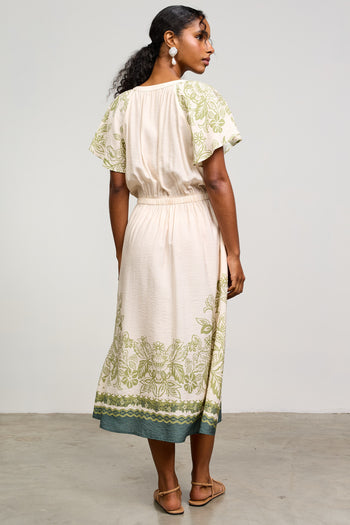 Skies are Blue Mixed Print Button Front Midi Dress in Cream-Olive