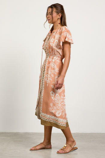 Skies are Blue Mixed Print Button Front Midi Dress in Terracotta-Cream S Skies are Blue Mixed Print Button Front Midi Dress in Terracotta-Cream S