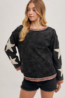 Bluivy Mineral Washed Top with Contrasting Color Trim and Star Patches in Ash