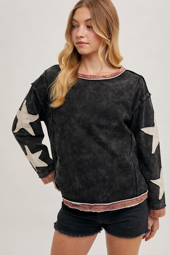 Bluivy Mineral Washed Top with Contrasting Color Trim and Star Patches in Ash