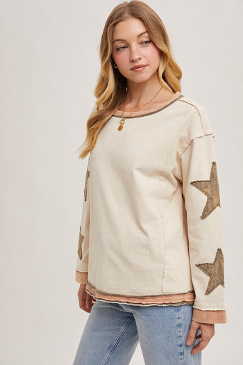 Bluivy Mineral Washed Top with Contrasting Color Trim and Star Patches in Oatmeal