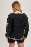Bluivy Mineral Washed Top with Contrasting Color Trim and Star Patches in Ash