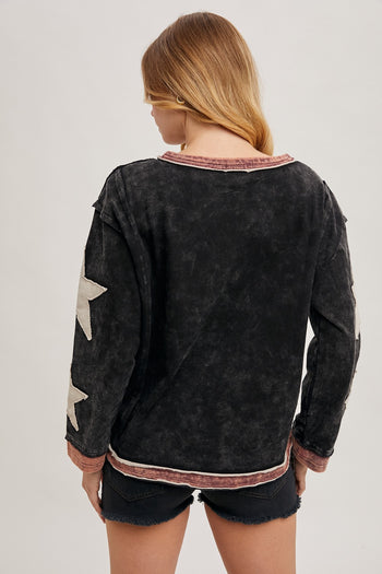 Bluivy Mineral Washed Top with Contrasting Color Trim and Star Patches in Ash