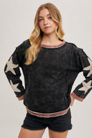 Bluivy Mineral Washed Top with Contrasting Color Trim and Star Patches in Ash
