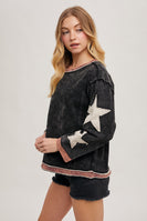 Bluivy Mineral Washed Top with Contrasting Color Trim and Star Patches in Ash