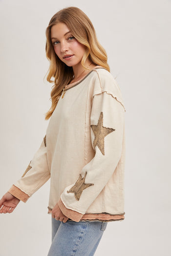 Bluivy Mineral Washed Top with Contrasting Color Trim and Star Patches in Oatmeal