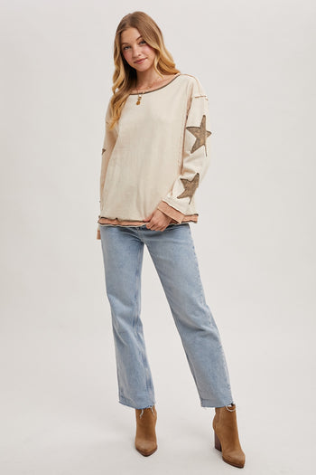 Bluivy Mineral Washed Top with Contrasting Color Trim and Star Patches in Oatmeal