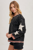Bluivy Mineral Washed Top with Contrasting Color Trim and Star Patches in Ash