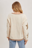Bluivy Mineral Washed Top with Contrasting Color Trim and Star Patches in Oatmeal