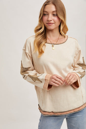 Bluivy Mineral Washed Top with Contrasting Color Trim and Star Patches in Oatmeal