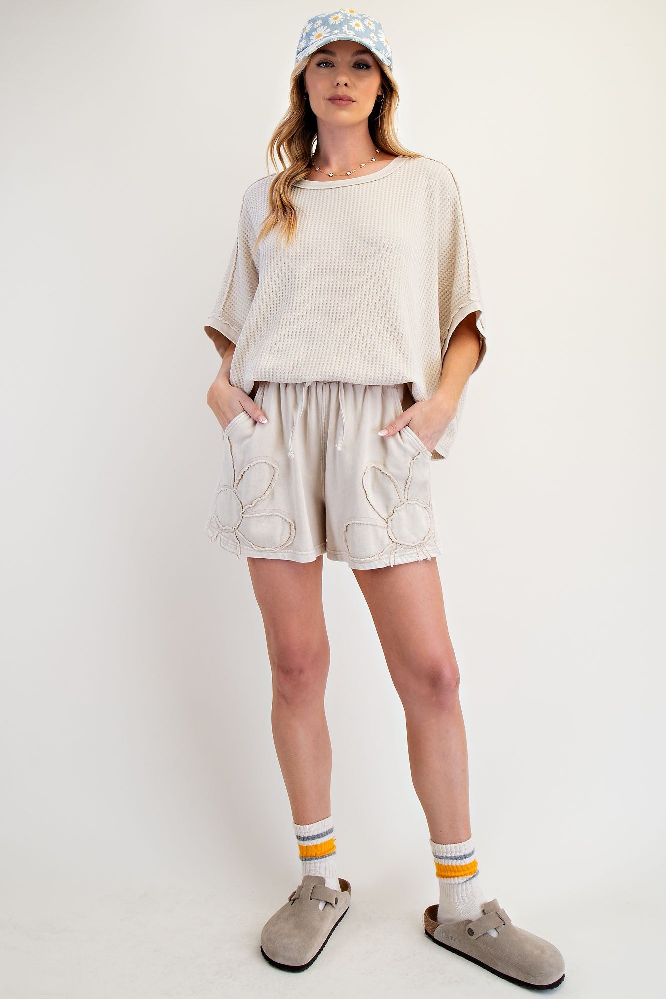 Easel Flower Patch Terry Knit Shorts in Khaki – June Adel