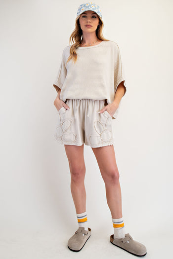 Easel Flower Patch Terry Knit Shorts in Khaki