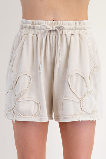 Easel Flower Patch Terry Knit Shorts in Khaki