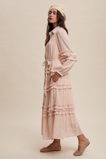Listicle Crinkle Fabric with Ruffle Details Maxi Dress in Mute Pink