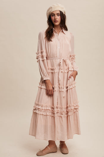 Listicle Crinkle Fabric with Ruffle Details Maxi Dress in Mute Pink