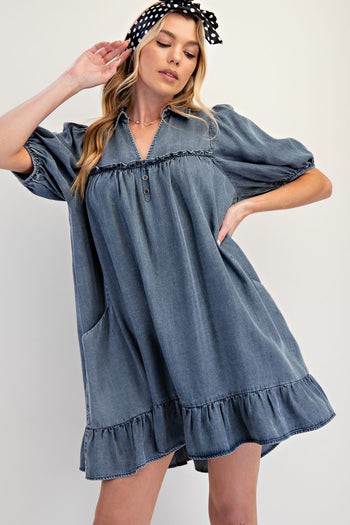 Easel Solid Color Washed Chambray Mini Dress in Washed Denim