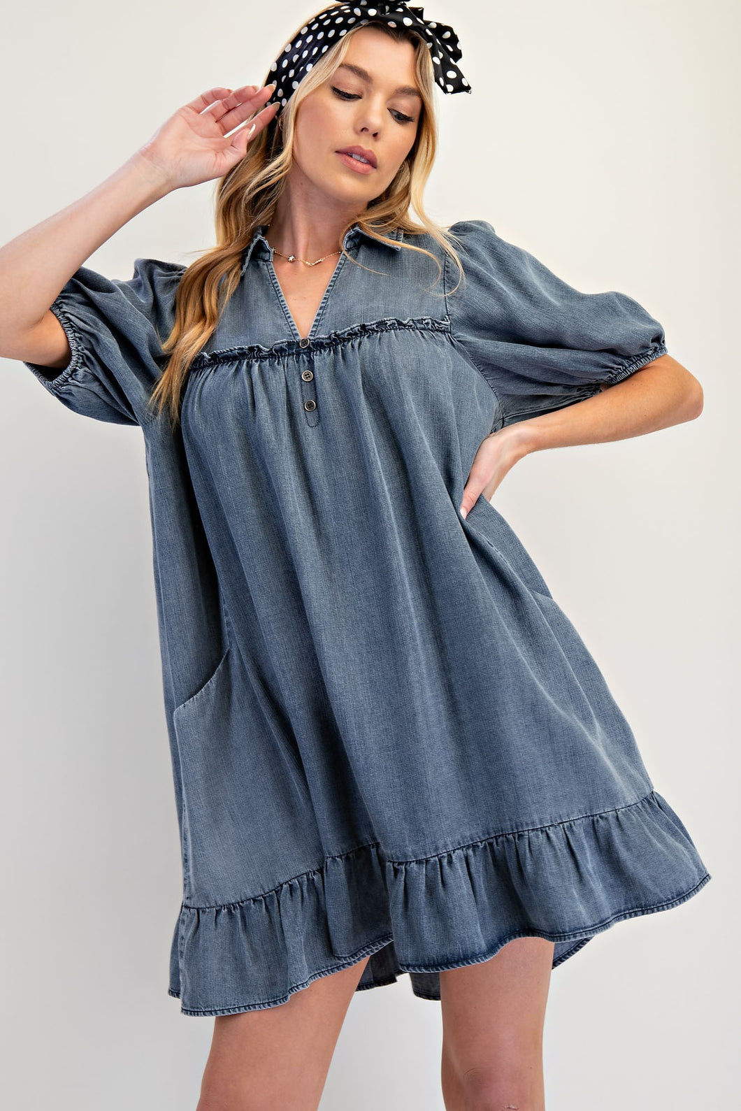 Easel Solid Color Washed Chambray Mini Dress in Washed Denim