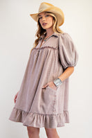 Easel Solid Color Washed Chambray Mini Dress in Dusty Rose