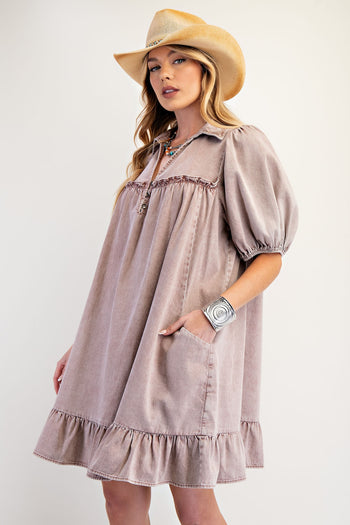 Easel Solid Color Washed Chambray Mini Dress in Dusty Rose