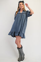 Easel Solid Color Washed Chambray Mini Dress in Washed Denim