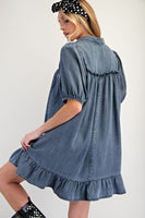 Easel Solid Color Washed Chambray Mini Dress in Washed Denim
