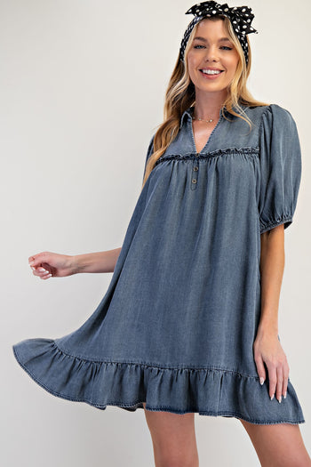 Easel Solid Color Washed Chambray Mini Dress in Washed Denim