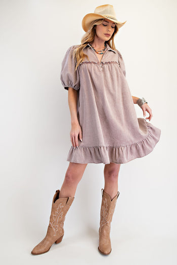 Easel Solid Color Washed Chambray Mini Dress in Dusty Rose