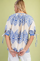 GiGio Loose Fit Printed Top with Ric Rac Trim Details in Blue