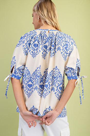 GiGio Loose Fit Printed Top with Ric Rac Trim Details in Blue
