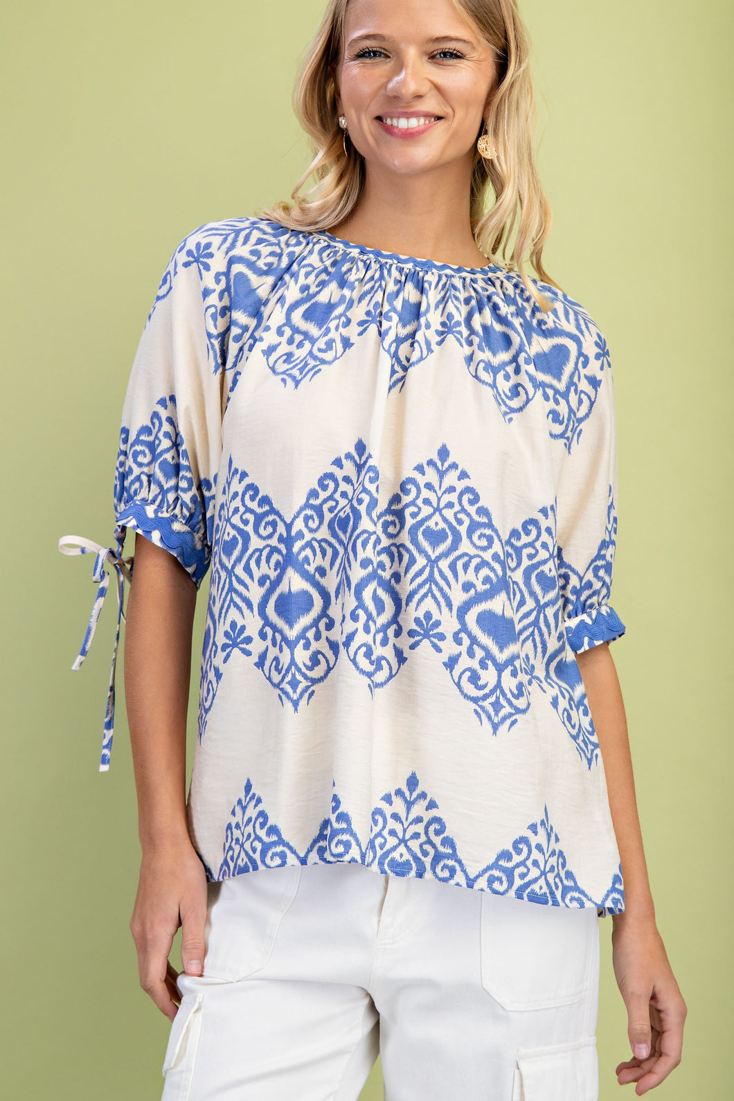 GiGio Loose Fit Printed Top with Ric Rac Trim Details in Blue
