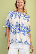 GiGio Loose Fit Printed Top with Ric Rac Trim Details in Blue