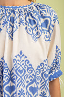 GiGio Loose Fit Printed Top with Ric Rac Trim Details in Blue