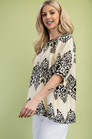 GiGio Loose Fit Printed Top with Ric Rac Trim Details in Black