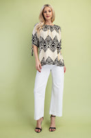 GiGio Loose Fit Printed Top with Ric Rac Trim Details in Black