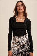 Listicle FITTED Ribbed Knit Top with Shoulder Ruffle Details in Black