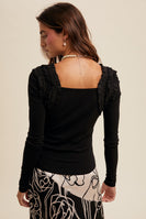 Listicle FITTED Ribbed Knit Top with Shoulder Ruffle Details in Black