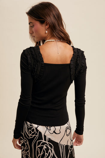 Listicle FITTED Ribbed Knit Top with Shoulder Ruffle Details in Black