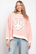 BlueVelvet OVERSIZED Terry Knit Sweater with Peace Sign Heart Patches in Coral Pink