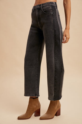 AnnieWear Two Tone Side Panel Stretch Barrel Leg Crop Jean in Black Denim