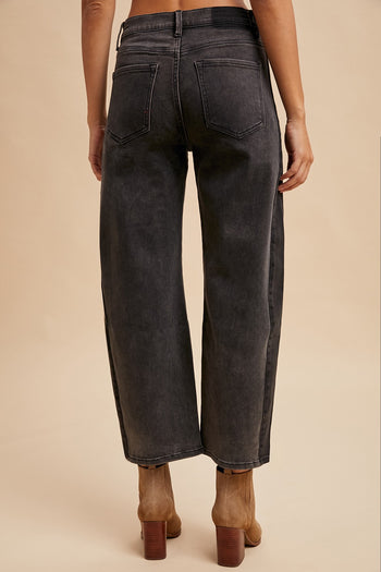 AnnieWear Two Tone Side Panel Stretch Barrel Leg Crop Jean in Black Denim