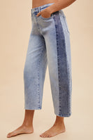 AnnieWear Two Tone Side Panel Stretch Barrel Leg Crop Jean in Blue Denim