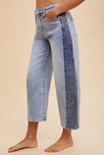 Load image into Gallery viewer, AnnieWear Two Tone Side Panel Stretch Barrel Leg Crop Jean in Blue Denim
