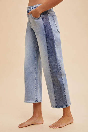 AnnieWear Two Tone Side Panel Stretch Barrel Leg Crop Jean in Blue Denim