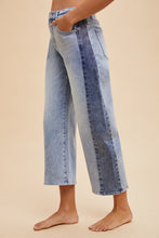 Load image into Gallery viewer, AnnieWear Two Tone Side Panel Stretch Barrel Leg Crop Jean in Blue Denim
