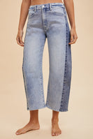 AnnieWear Two Tone Side Panel Stretch Barrel Leg Crop Jean in Blue Denim