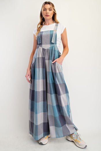 Easel Plaid Pattern Overalls in Denim Mix