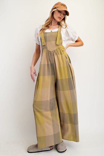 Easel Plaid Pattern Overalls in Olive Mix